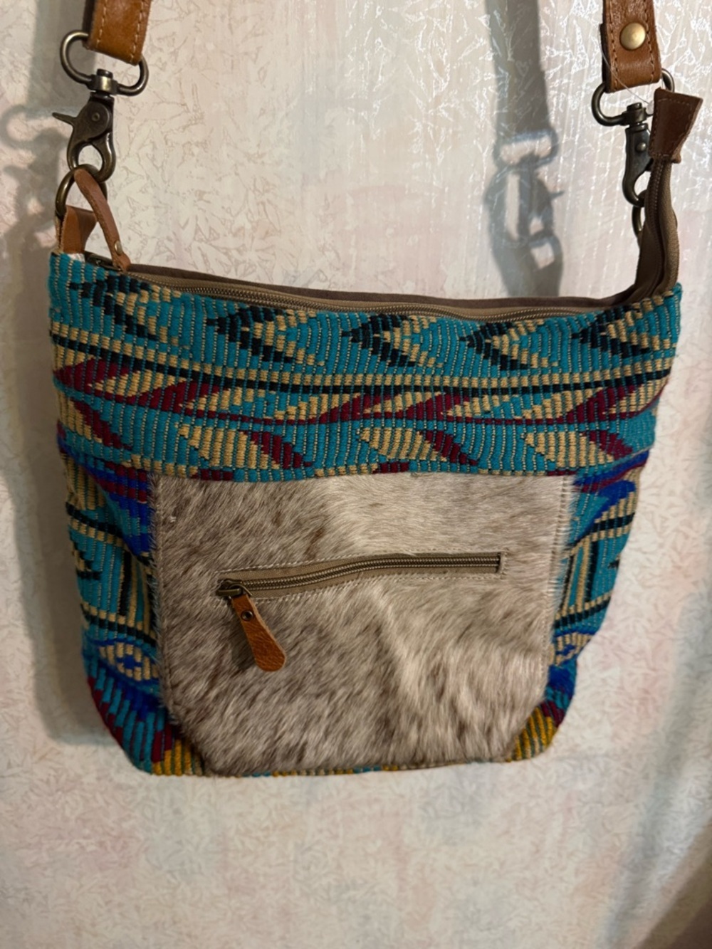 Myra Bag Turquoise Patterned Shoulder Bag with Gray Fur Pocket 14 inβ x 12 in